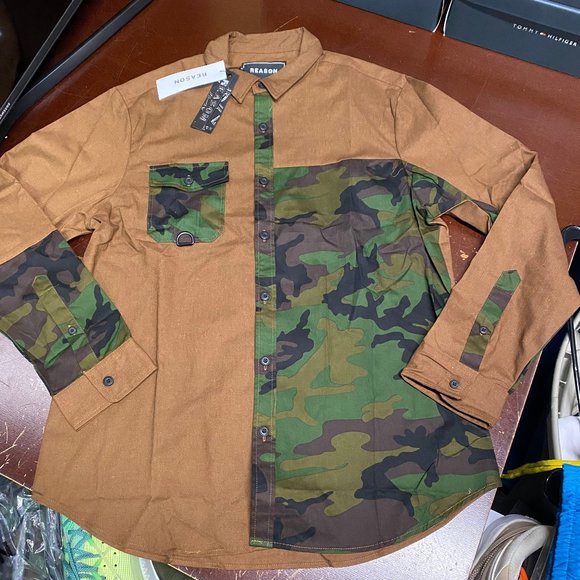 Reason Other - Reason Mens Brown Camouflage Long Sleeves Collared Button Front Shirt Size XL